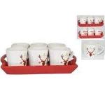 PROMO   SET 6 TAZZINE C/VASSOIO DECORO RENNE 2 ASS.